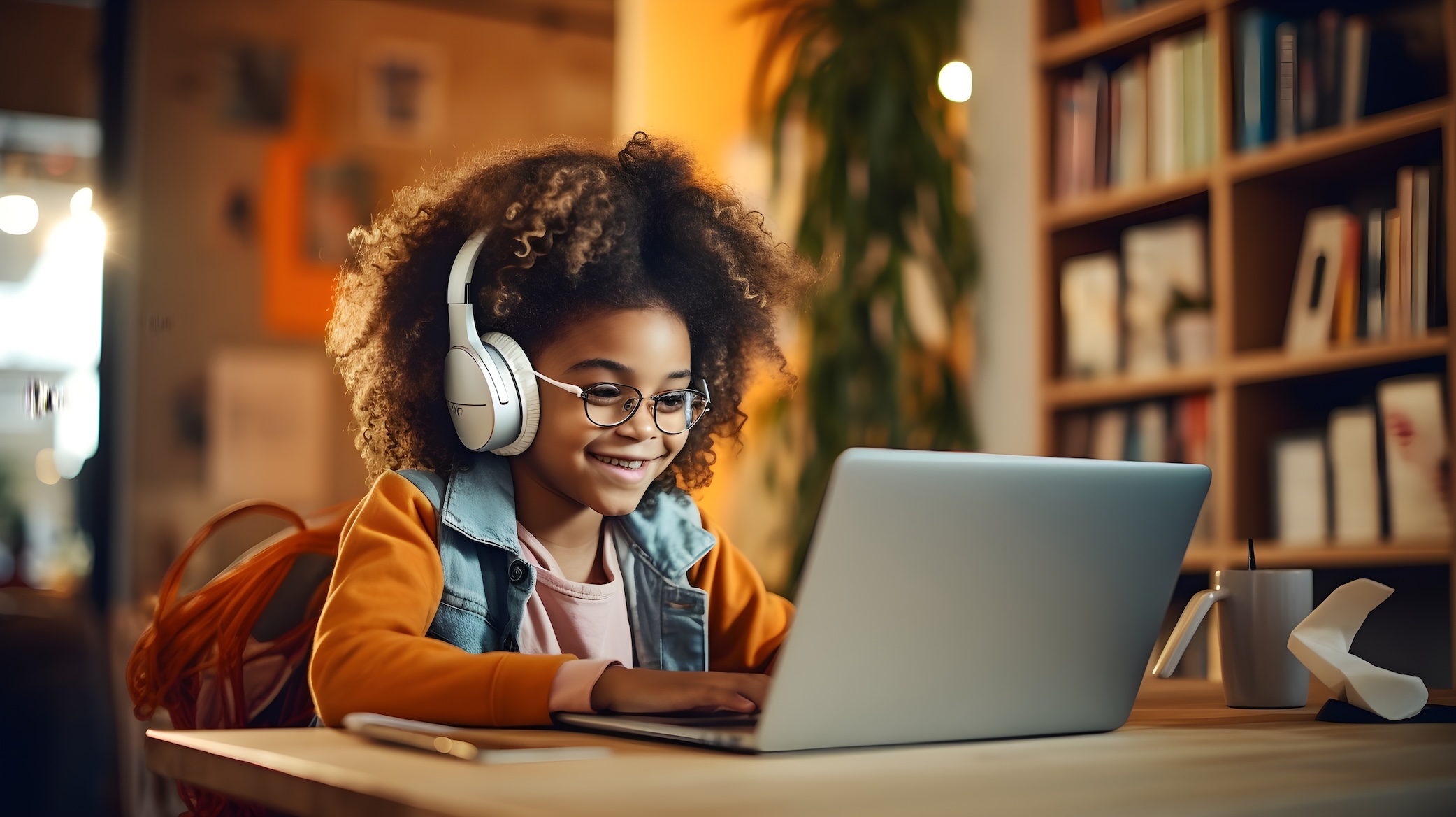 a 6-year-old child wearing headphones sits in front of a laptop and studies. Online classes for children